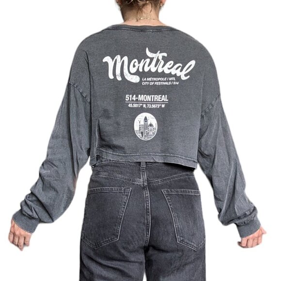 Garage Montreal Dark Grey Cuffed Long-Sleeve  Cropped Shirt Women Size M - Picture 3 of 8